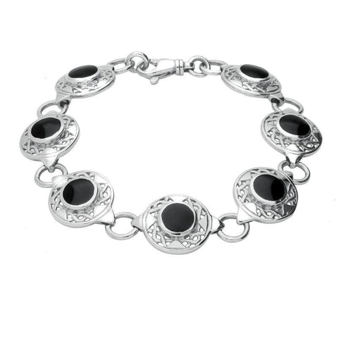 Sterling Silver Whitby Jet Seven Stone Round Celtic Bracelet B200