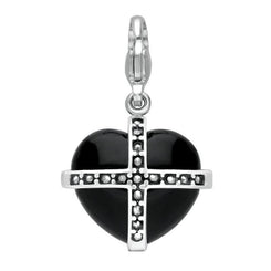 Sterling Silver Whitby Jet Seventeen Marcasite Medium Cross Heart Charm G784