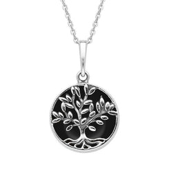 Sterling Silver Whitby Jet Small Round Large Leaves Tree of Life Necklace P3340