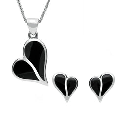 Sterling Silver Whitby Jet Split Heart Two Piece Set, S053.