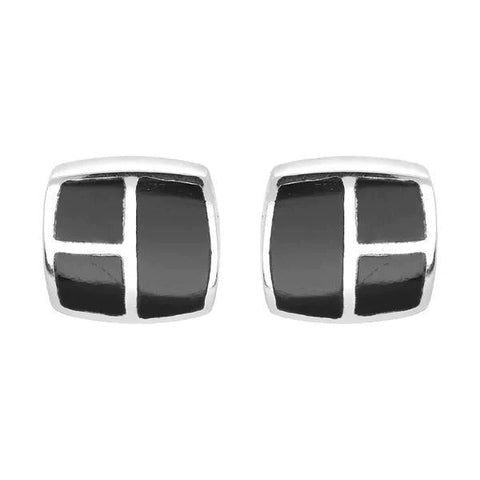 Sterling Silver Whitby Jet Three Stone Square Stud Earrings, E1949.