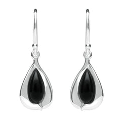 Sterling Silver Whitby Jet Wide Edge Pear Hook Earrings E2312
