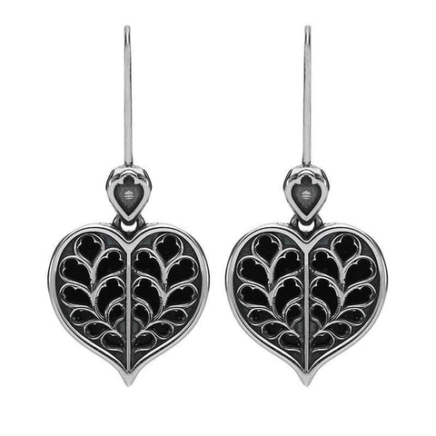 Sterling Silver Whitby Jet York Minster Heart Hook Earrings. E2385.