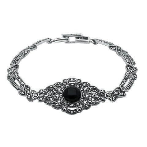Sterling Silver Whitby Jet and Marcasite Fancy Tapered Bracelet. B880