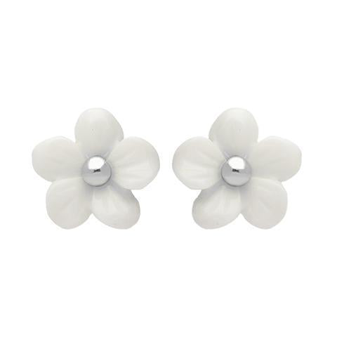 Sterling Silver White Agate Tuberose Pansy Stud Earrings, E2152.
