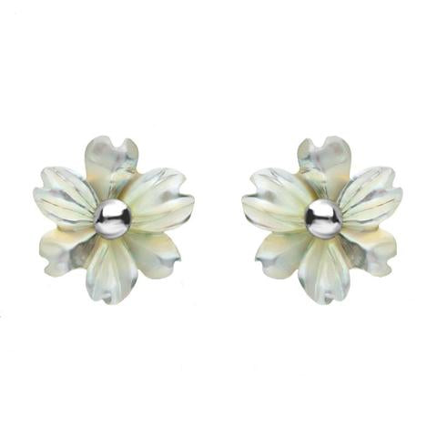 Sterling Silver White Mother of Pearl Tuberose Dahlia Stud Earrings, E2155.