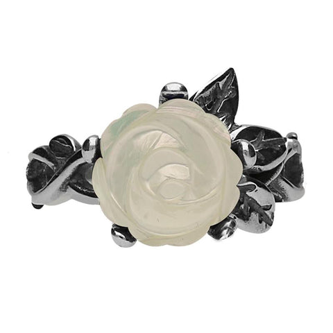 Sterling Silver White Mother of Pearl Tuberose Rose Twist Leaf Ring, R728.