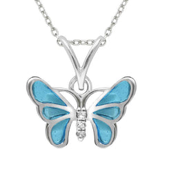 Sterling Silver White Sapphire Blue Enamel House Style Butterfly Necklace P2939