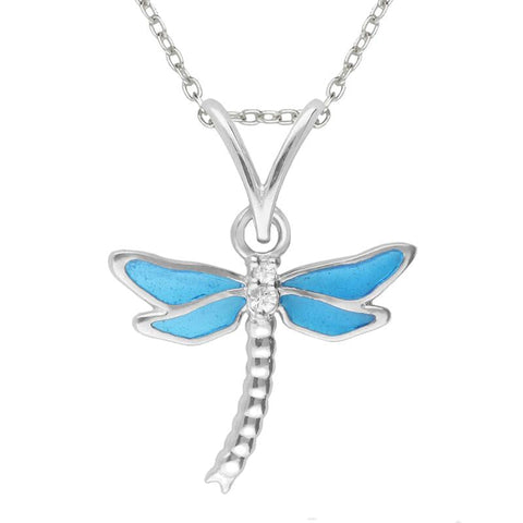 Sterling Silver White Sapphire Blue Enamel House Style Dragonfly Necklace P2957
