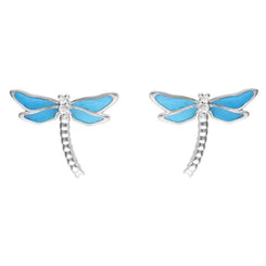 Sterling Silver White Sapphire Blue Enamel House Style Dragonfly Stud Earrings E2226