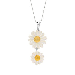 Sterling Silver and Yellow Gold White Mother Of Pearl Tuberose Twin Daisy Necklace, P2917.