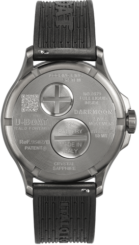 U-Boat watch with black strap and metallic case on a white background