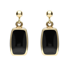 00071786 C W Sellors 9ct Yellow Gold Whitby Jet Dinky Barrel Drop Earrings, E228.