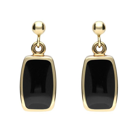 00071786 C W Sellors 9ct Yellow Gold Whitby Jet Dinky Barrel Drop Earrings, E228.