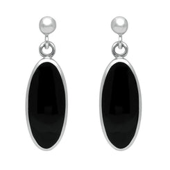 00073985 C W Sellors Sterling Silver Whitby Jet Light Long Oval Drop Earrings, E146.