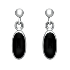 00074203 C W Sellors Sterling Silver Whitby Jet Small Long Oval Drop Earrings, E287.