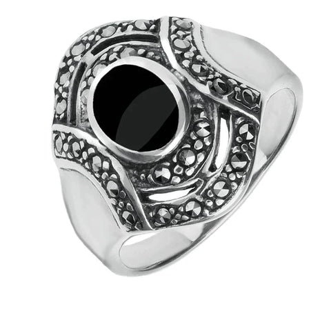 00006683 C W Sellors Sterling Silver Whitby Jet Marcasite Oval Stone Framed Ring, R526.