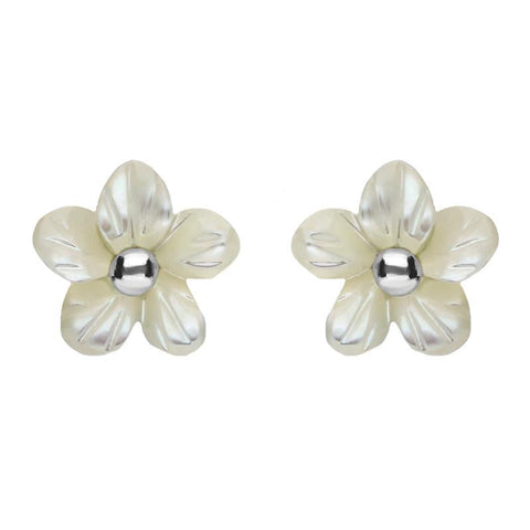 00126556 C W Sellors Sterling Silver White Mother of Pearl Tuberose Pansy Stud Earrings, E2152.
