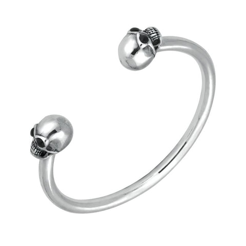 00090942 C W Sellors Sterling Silver Whitby Jet Medium Skull Torc Bangle. B849