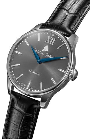William Wood Chivalrous Gun Metal Black Leather Watch