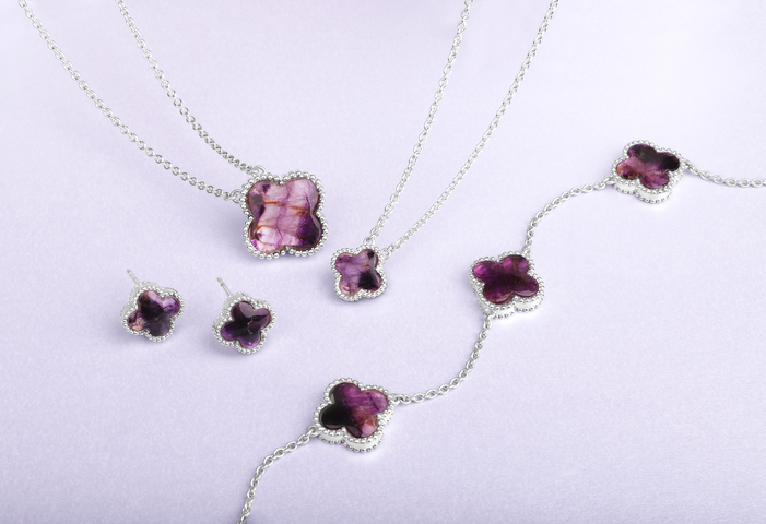 Sterling Silver Blue John Bloom Three Stone Four Leaf Clover Ball Edge Chain Bracelet