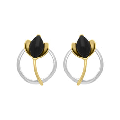 Yellow Gold Plated Sterling Silver Whitby Jet Open Circle Leaf Earrings, E2619
