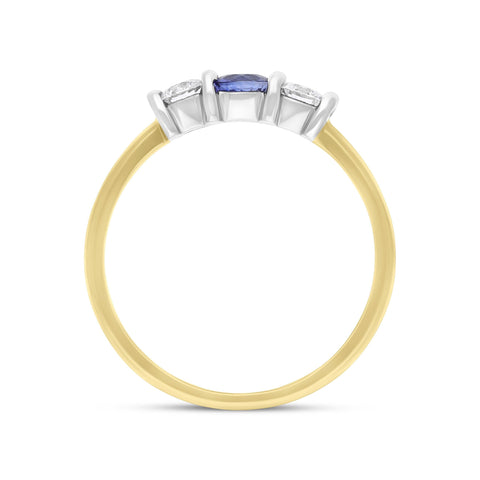 18ct Yellow and White Gold .30 Sapphire .26 3 Stone Diamond Bar Ring