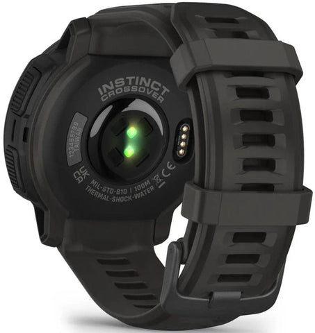 Black smartwatch with 'Instinct Crossover' branding on a white background