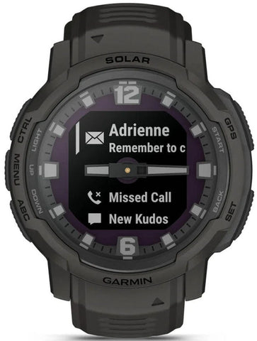 Black Garmin smartwatch with display showing notifications on a white background