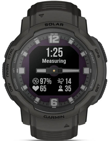 Garmin smartwatch with display showing measurement data on a white background