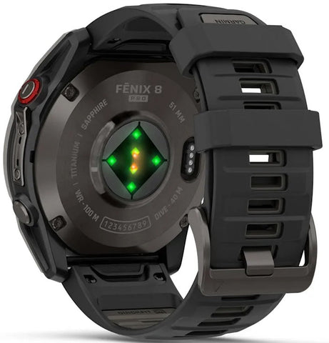 Fenix 8 smartwatch with a black strap on a white background