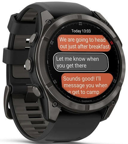 Smartwatch displaying a message on its screen with a black strap.