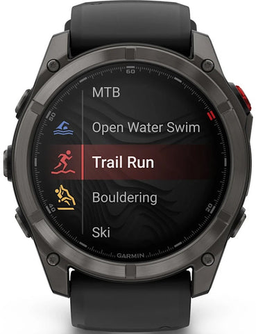 Smartwatch displaying various activity options on a black background