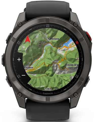 Garmin smartwatch displaying a map on its screen with a black strap.