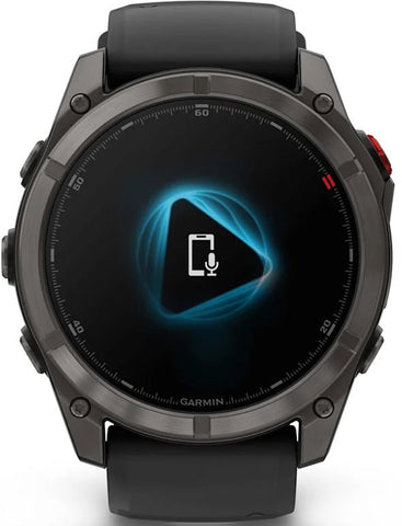 Garmin smartwatch with a black strap on a white background