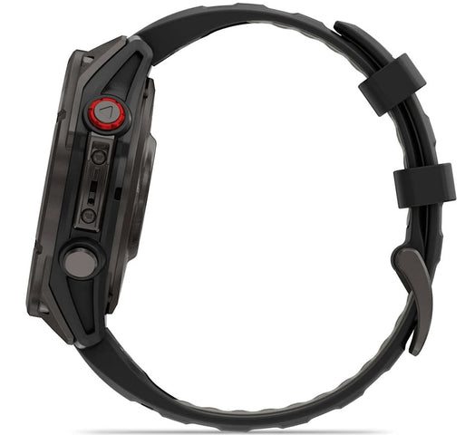 Black smartwatch with a red button on a white background