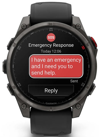 Garmin smartwatch displaying an emergency response message on a white background