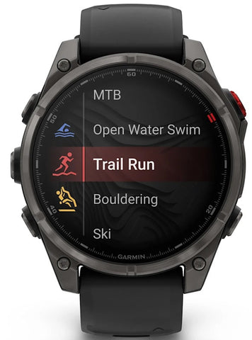 Garmin smartwatch displaying activity options on a white background