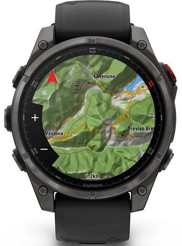 Garmin smartwatch displaying a map on its screen with a white background