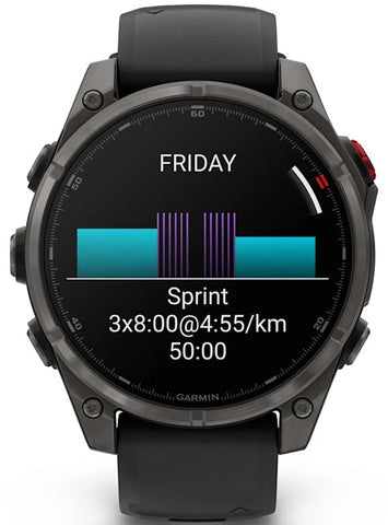 Garmin smartwatch displaying a training plan on a white background