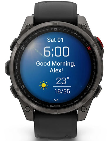 Garmin smartwatch displaying a blue screen with text and weather information on a white background