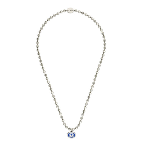 Gucci Interlocking G Boule Chain Sterling Silver Blue Enamel Necklace YBB753438001