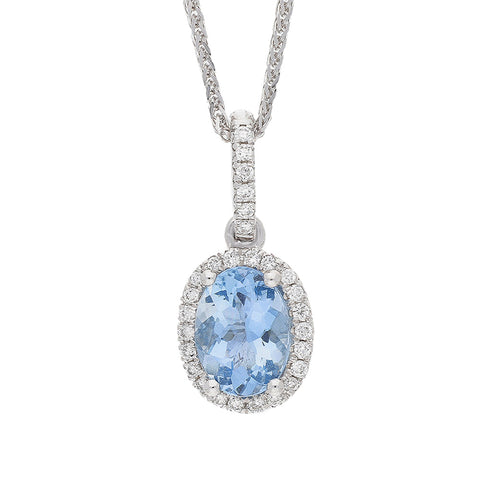 18ct White Gold 0.12ct Diamond & 1.03ct Aquamarine Oval Cluster Pendant & Chain