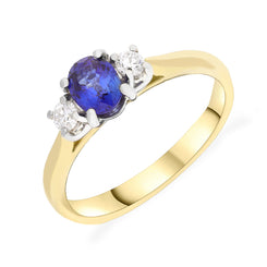 18ct Yellow Gold 0.14ct Diamond & 0.60 Sapphire 3 Stone Oval and Round Cut Ring