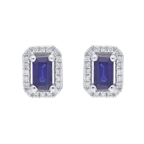 18ct White Gold 0.12ct Diamond 0.71ct Sapphire Ecut Claw Pavé Cluster Earrings