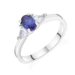 18ct White Gold Diamond and Sapphire 3 Stone Claw Oval Centre Trilogy Ring