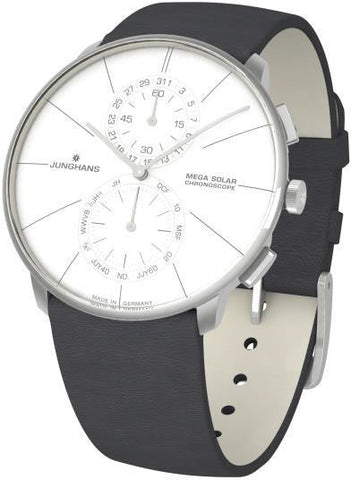 Junghans Meister Fein Chronoscope Mega Solar Watch with white dial, leather strap, steel case