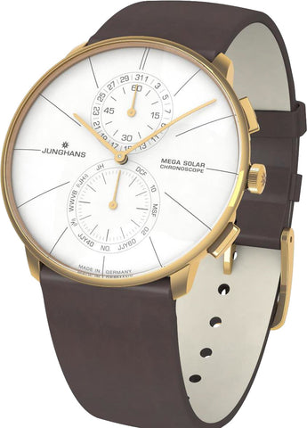Junghans Meister Fein Chronoscope Mega Solar Watch with white dial, leather strap, rose gold pvd case