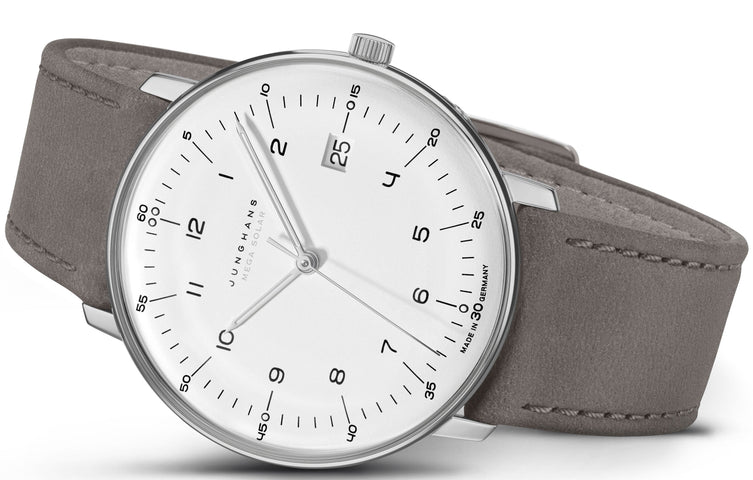 Junghans Max Bill MEGA Solar Watch with white dial, leather strap, titanium case