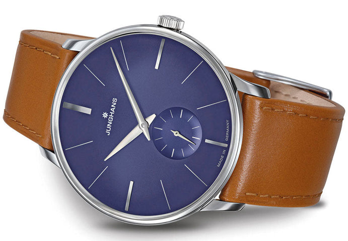 Junghans Meister Handaufzug Watch with blue dial, leather strap, steel case